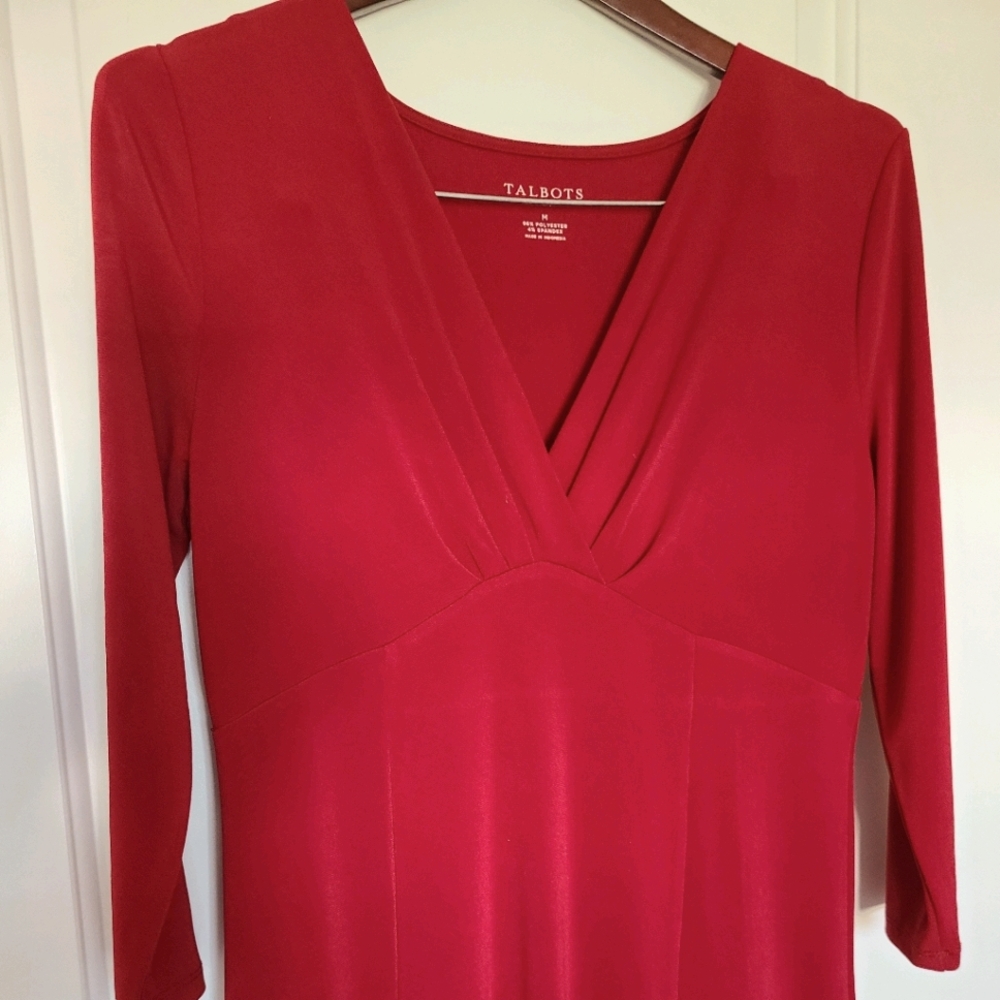 Talbots Dress Red Stretchy V Neck 3/4 Sleeves Medium